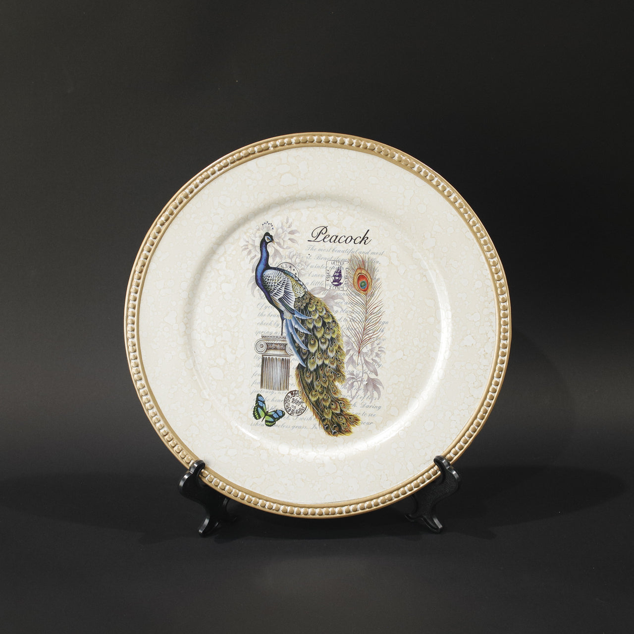 HHD11024 - Ivory Peacock Plate & Stand